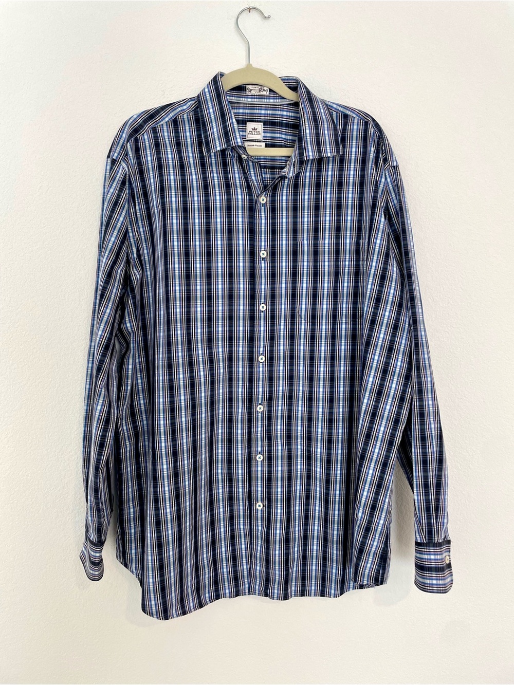 Peter Millar Men's Navy and Light Blue Plaid Button-Down Shirt